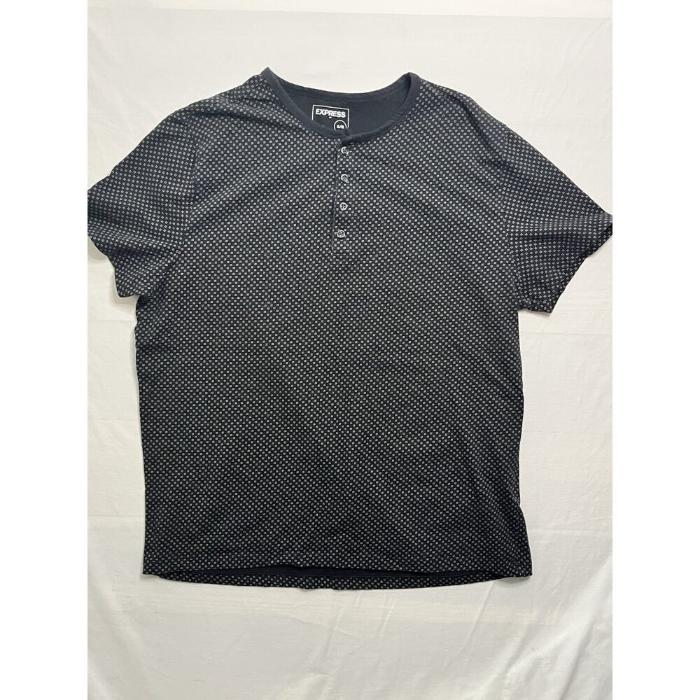 Express Mens XL Black Geometric Print Henley Shirt Stretch Short Sleeve Casual